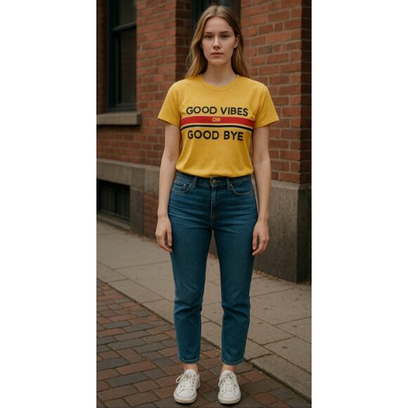 Forever 21 Yellow Good Vibes or Good Bye Graphic Special Wash T-shirt L - Picture 10 of 10